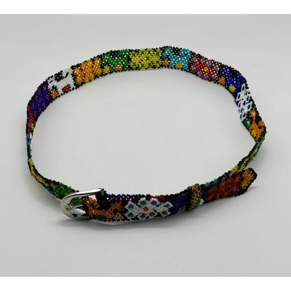 Vintage Artisan-Made Seed Beaded Belt Silver Buckle Red Cobalt Blue White Yellow main image 7
